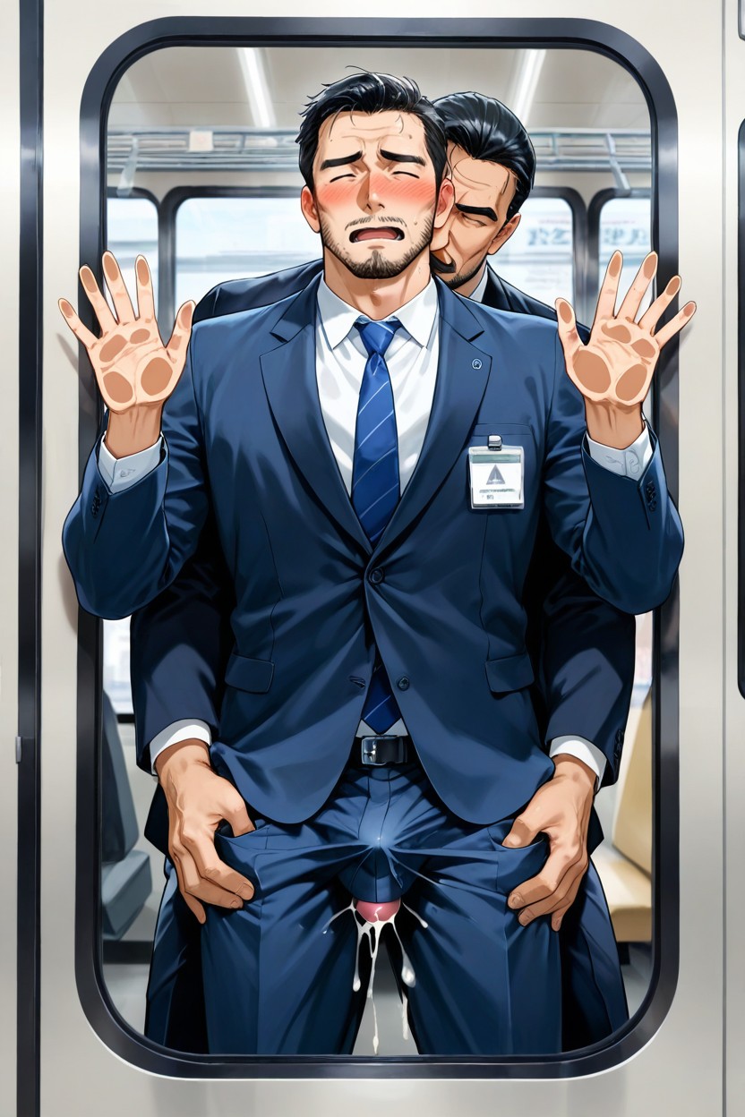 Cum On The Glass Window, Non Penetrative Sex, Bulge From Behind Squeezing Though His Thighs AI Gay Porn