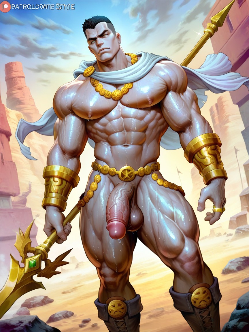 Big Defined Biceps, Toned Blocky Defined Vascular Pack Abs, Golden Ornate Heavy Cock Ring AI Gay Porn