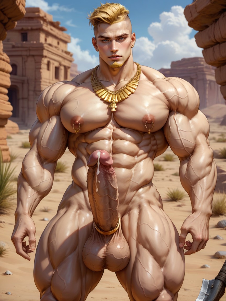 Golden Ornate Heavy Cock Ring, Realistic, Bara AI Gay Porn