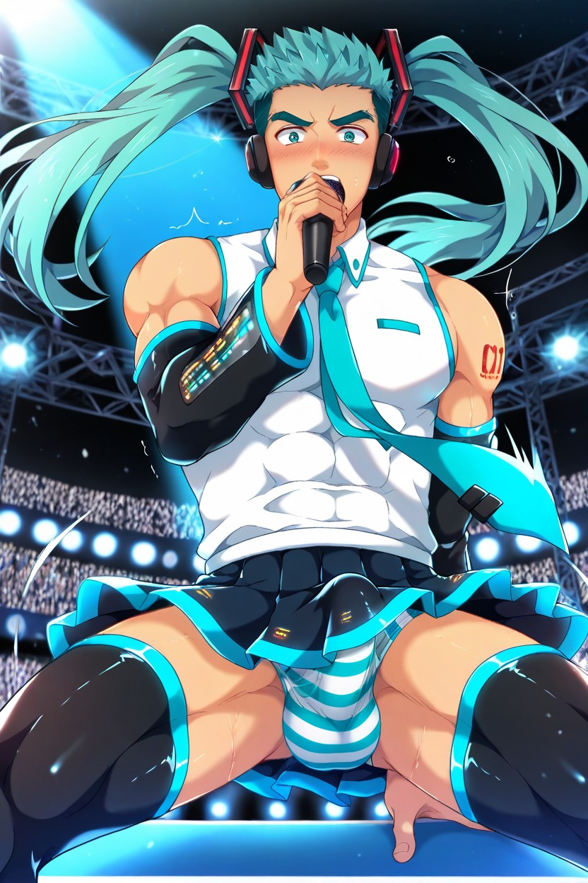 Man, Embarrassed, Erection Bulge Under Sky Blue And White Striped Panties AI Gay Porn