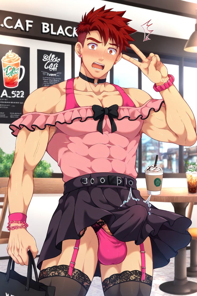 Pink Garter Belt, Cafe, Other Arm V Sign AI Gay Porn