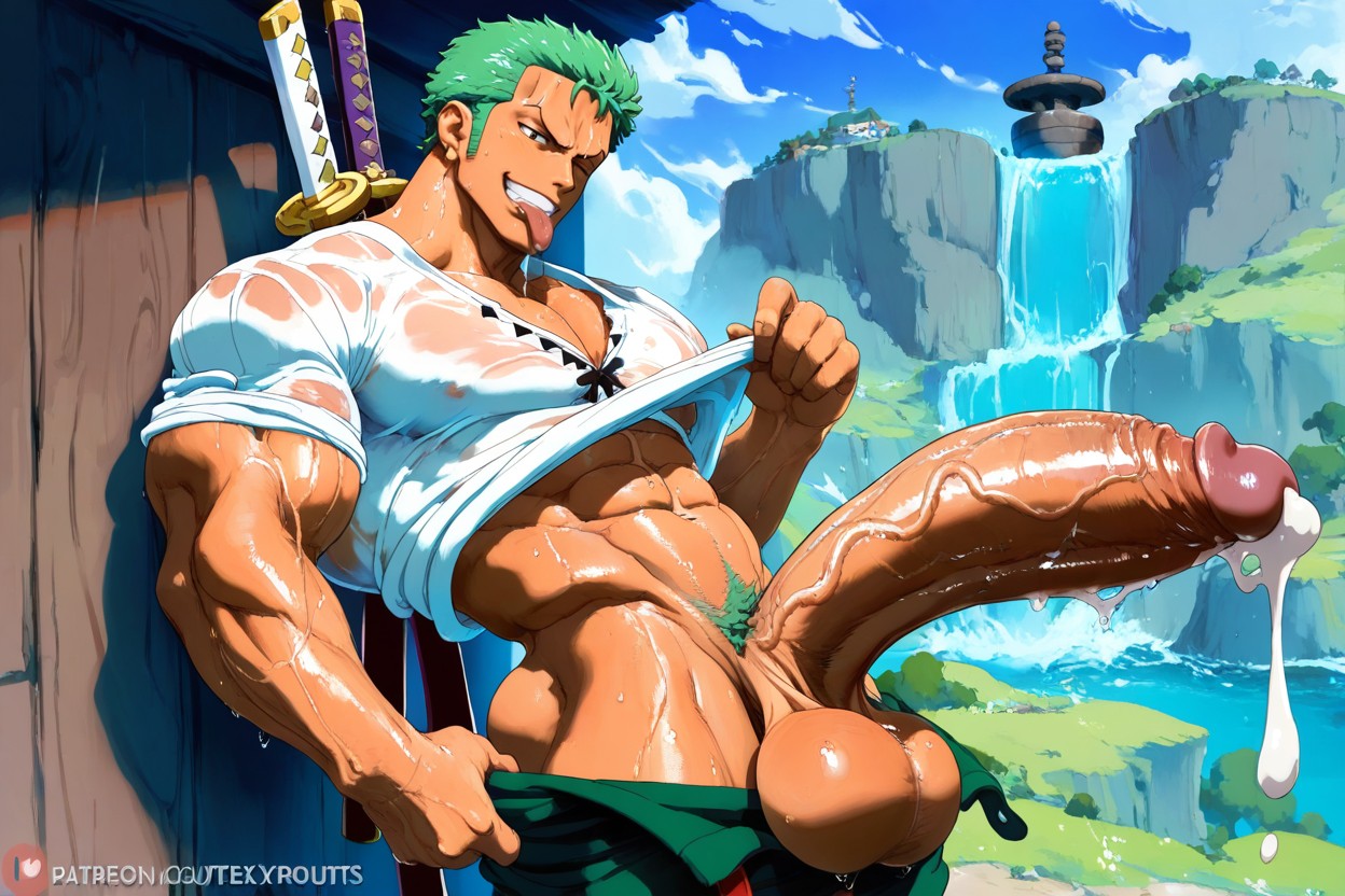 Island Background, Biting Shirt, Cock Is Hyper Masive AI Gay Porn