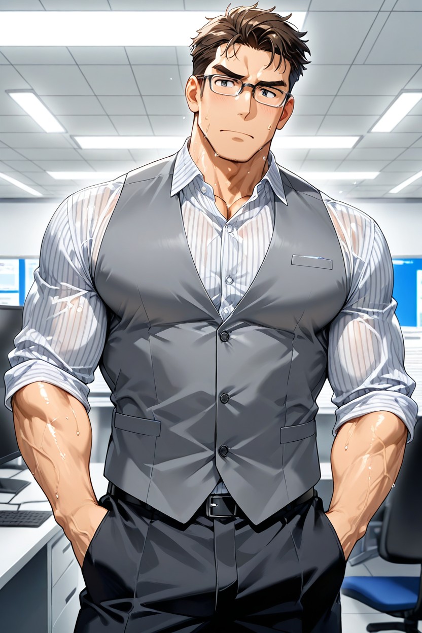 Open Gray Vest Glasses, Buttons Ready To Burst Flushed Red Face, Glasses Screen Background AI Gay Porn