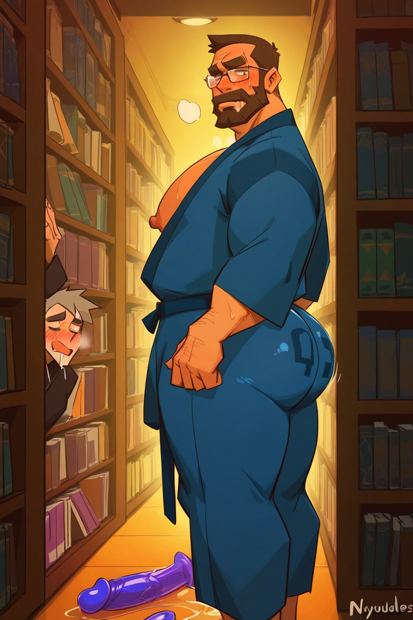Night, Library, Huge Pecs AI Gay Porn
