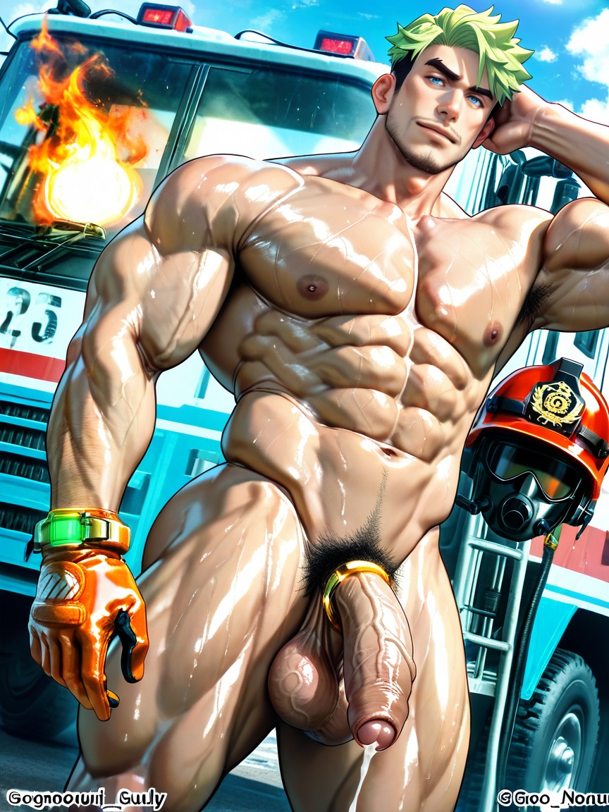 Sexy Handsome Firefighter, Three Quarter Side View, Firefighter Helmet AI Gay Porn