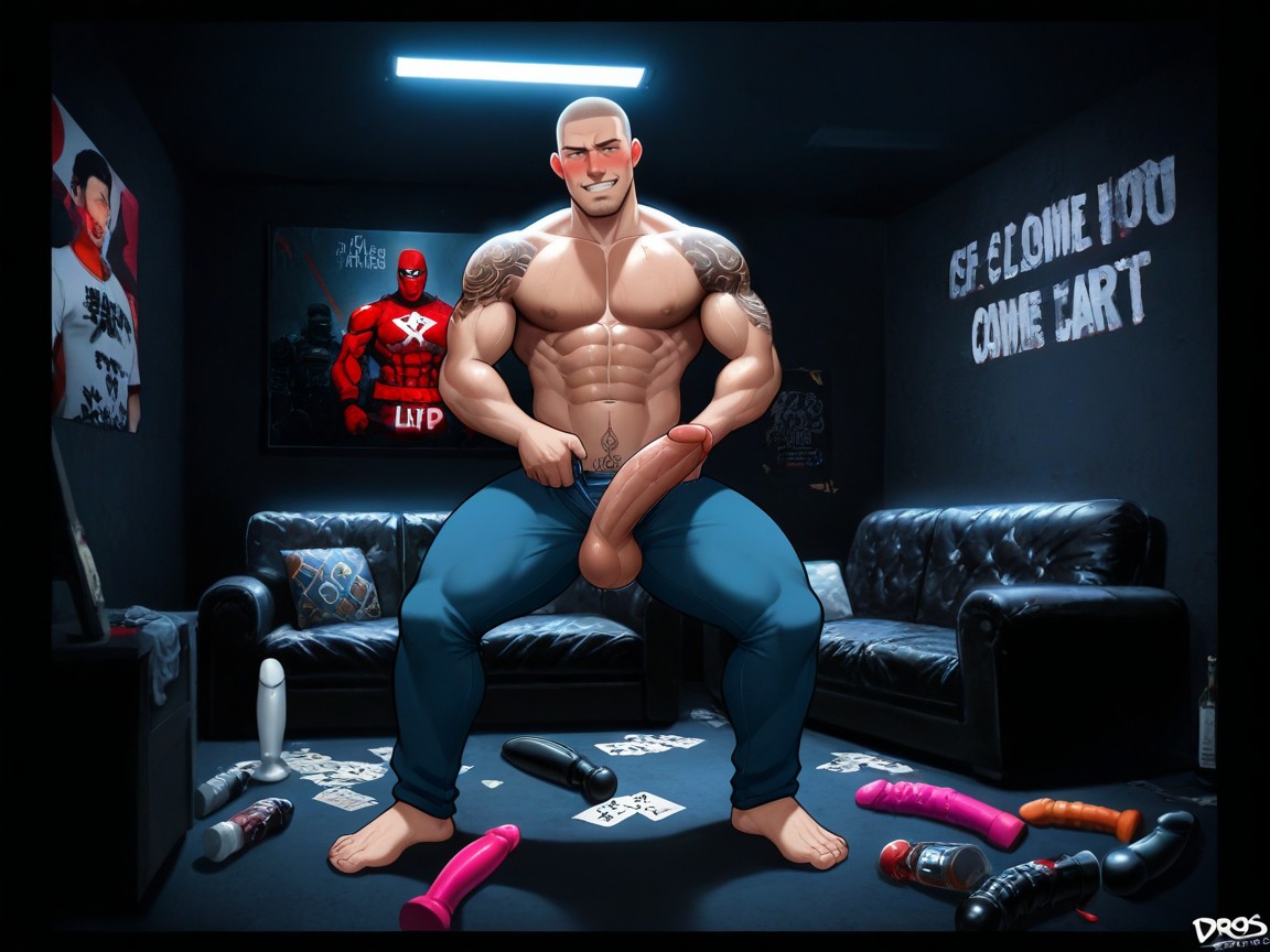 Sign Says “rent My Cock”, Thick Thighs, Huge Penis AI Gay Porn