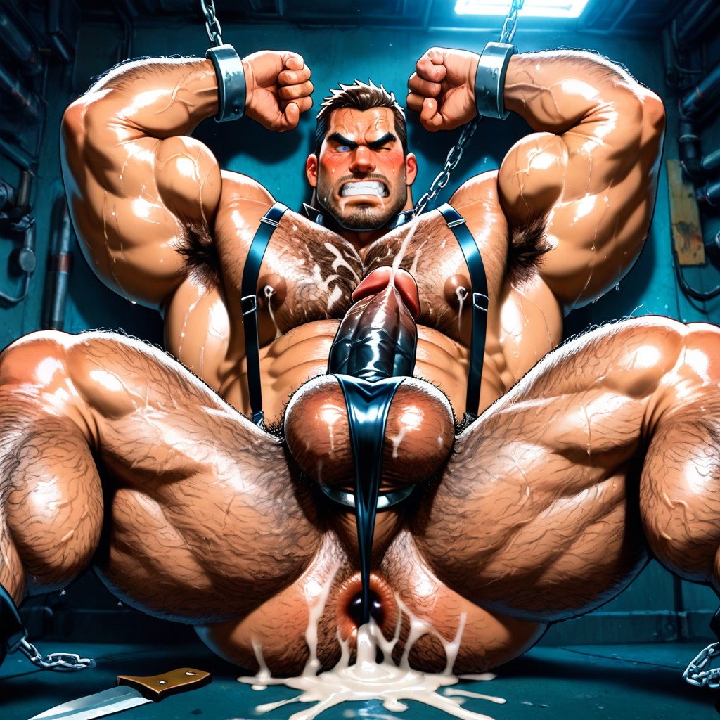 Hyper Heavy Cum Shot, Side View, Beefy AI Gay Porn