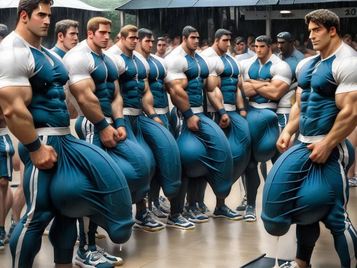 Rim Lighting, Harem Of Many Men At The Gym In Sports Clothes, Growing Cock AI Gay Porn