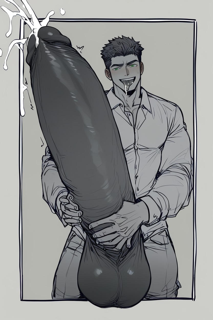 Very Short Hair, Another Man Is Holding And Jerking Off His Hyper Penis With Both Hands, Big Balls AI Gay Porn
