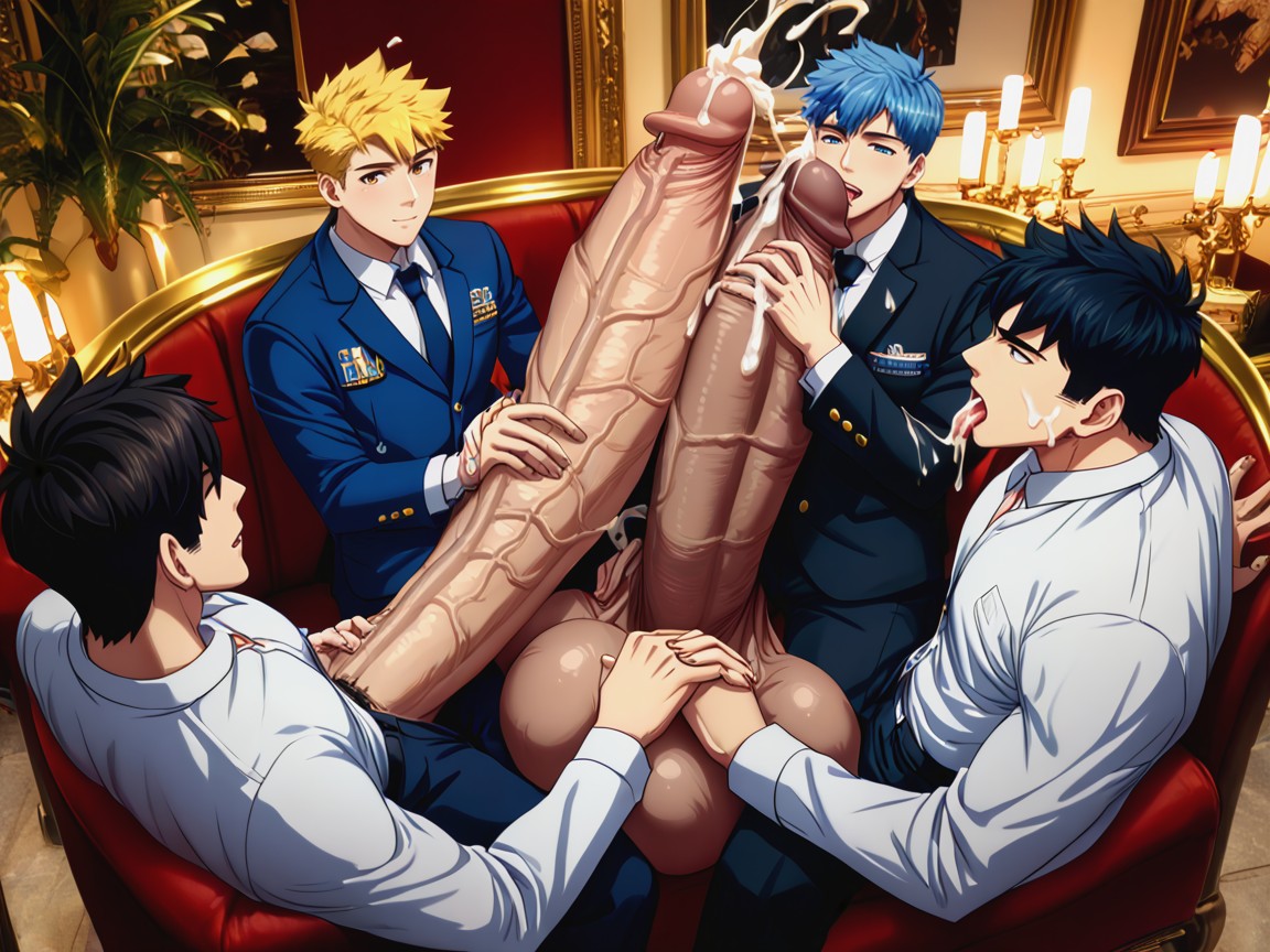 Hq, Kneeling, Another Man Is Holding And Jerking Off His Hyper Penis With Both Hands AI Gay Porn