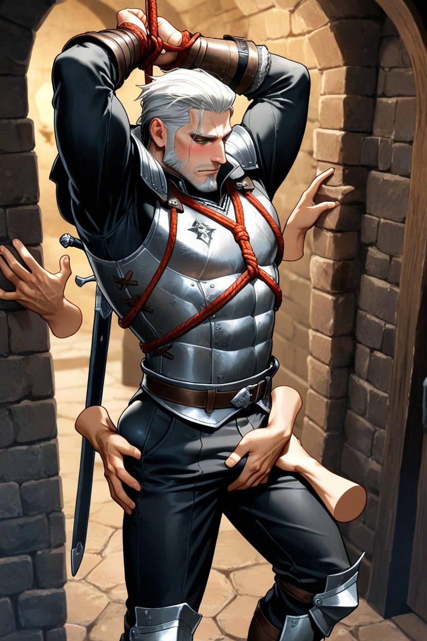 Blushing, Wearing Metal Knight Armor, Chiseled Jawline AI Gay Porn