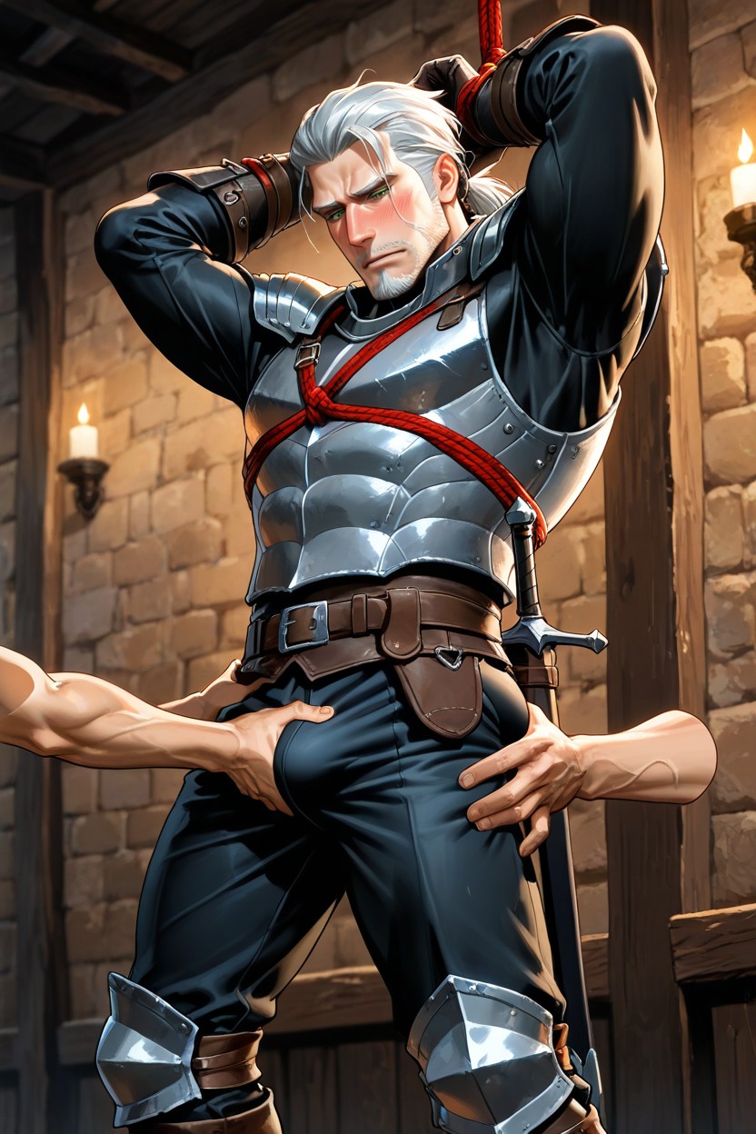 Disembodied Hands Reach Over And Grab Geralt’s Butt, Chiseled Jawline, Masculine Jawline AI Gay Porn