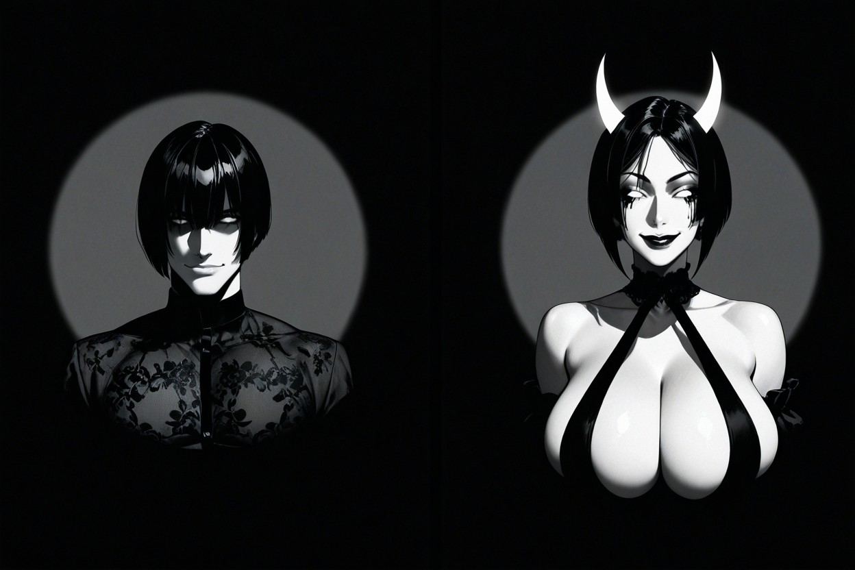 Same Bob Haircut, Face In Darkness Except Eyes, Woman Back ゲイAIポルノ