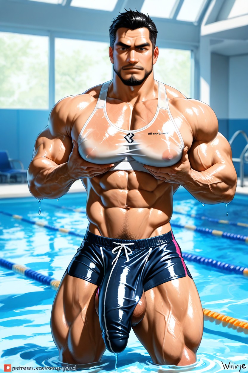 Handsome Shaved, Squeezing Breasts, Pool AI Gay Porn