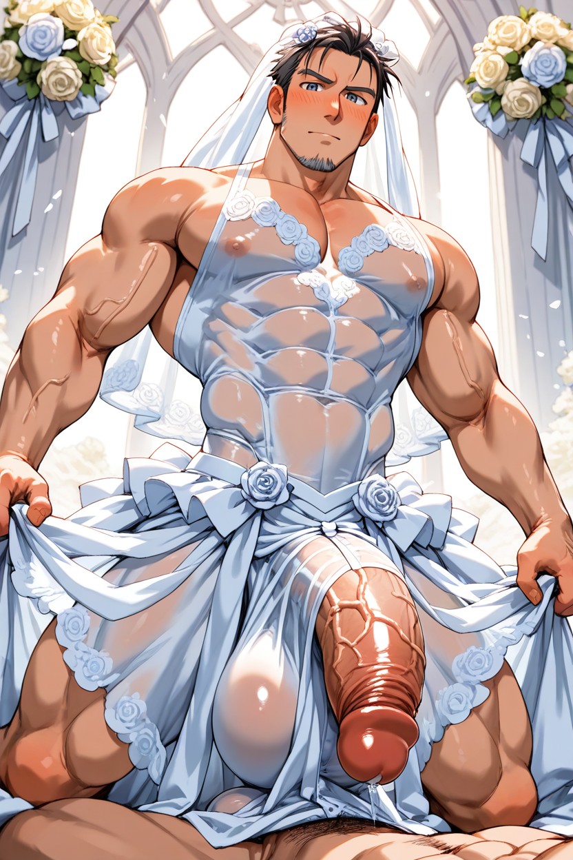 Gigantic Cock Adherent To White Wedding Dress, Skinny, Defined Pecs AI Gay Porn