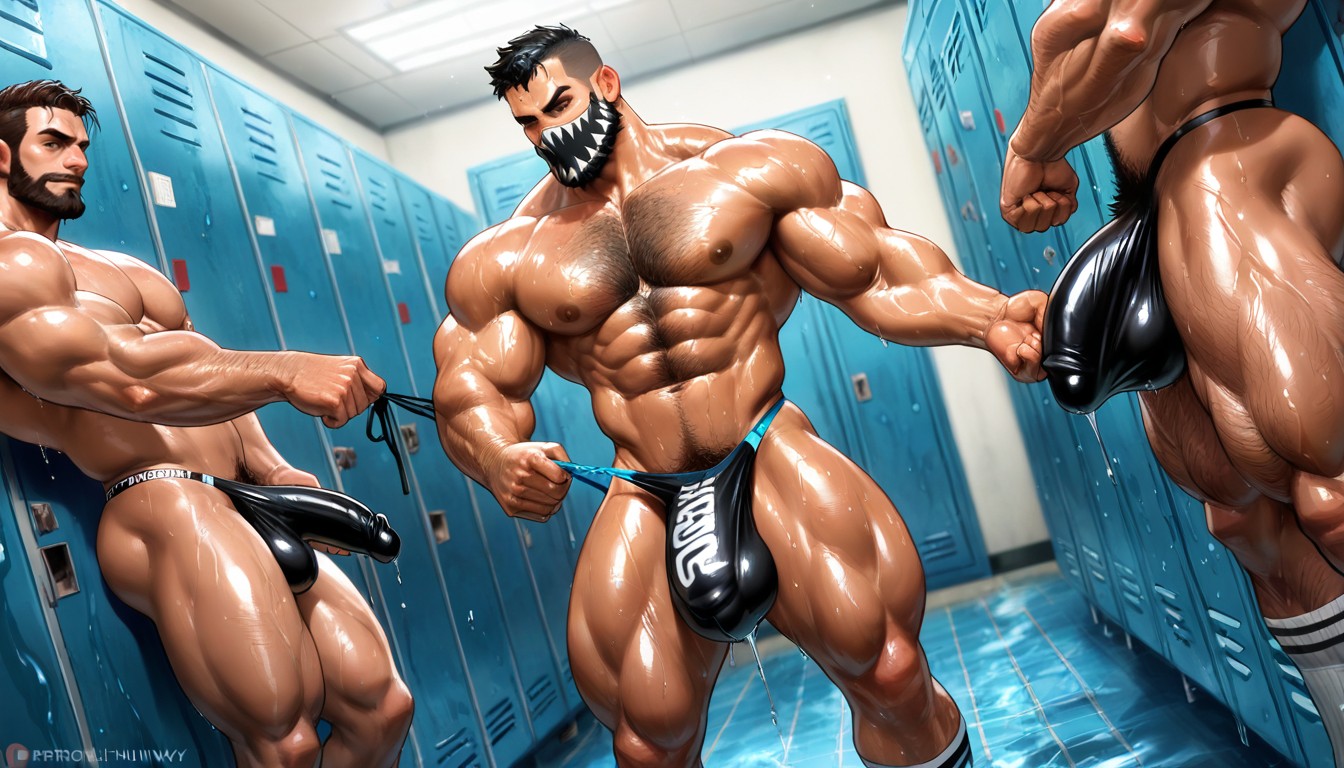 Wet Lace G-string, Filthy Messy Locker Room In The Morning, Handsome Hunky Masculine Guys AI Gay Porn