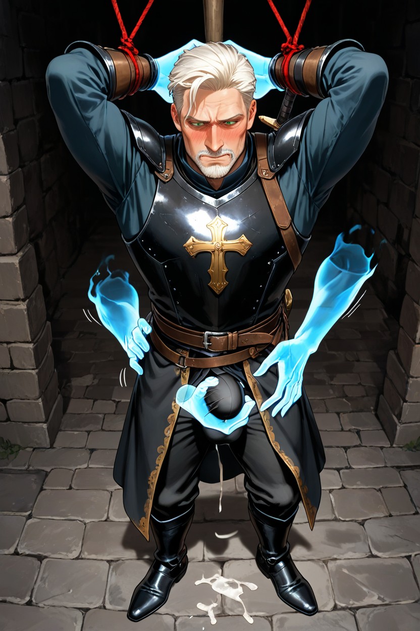 Side View, Masculine Jawline, Handsome Tall Medieval Adventurer In Bondage AI Gay Porn