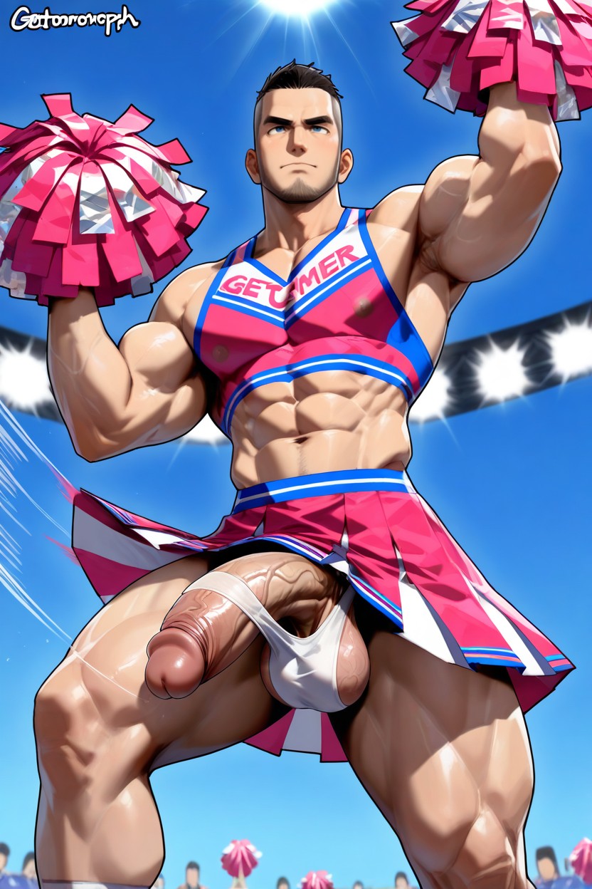 Raise Hands And Waive While Doing Cheerleading, Clean Hairless Face, Wearing Pink Cheerleader Costume AI Gay Porn