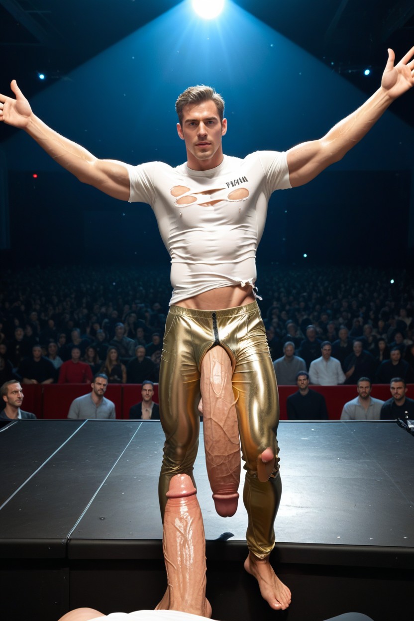 Man On Empty Theatre Stage, Brightly Lit Stage, Biceps Bulging In Wet White Shirt AI Gay Porn