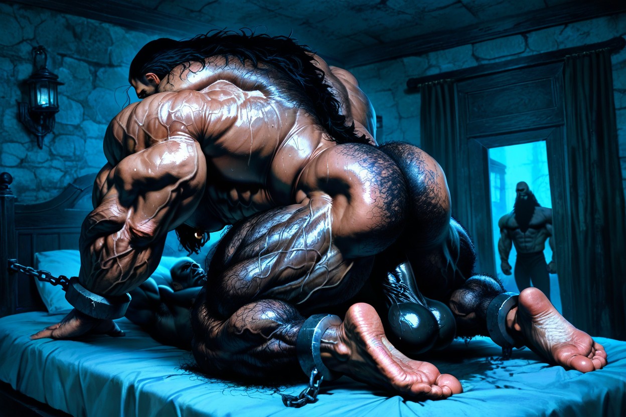 Dim Light, Hyper Muscles, Extreme Hairy Legs Muscle Structure Pornografia gay com IA