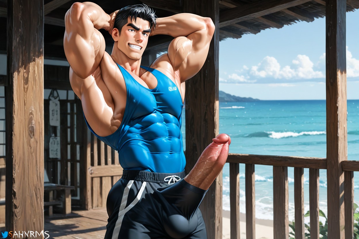 Penis Hidden By Tank Top, Hand-sized Waist, Penis In Erection Up Diretion Porno IA Gay