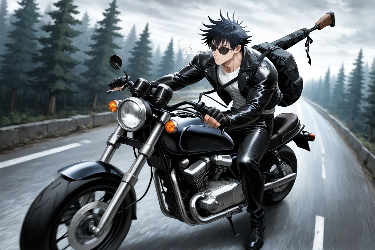 Large Backpack On Motorcycle, Cheveux Très Courts, Expressionless Face Porno IA Gay