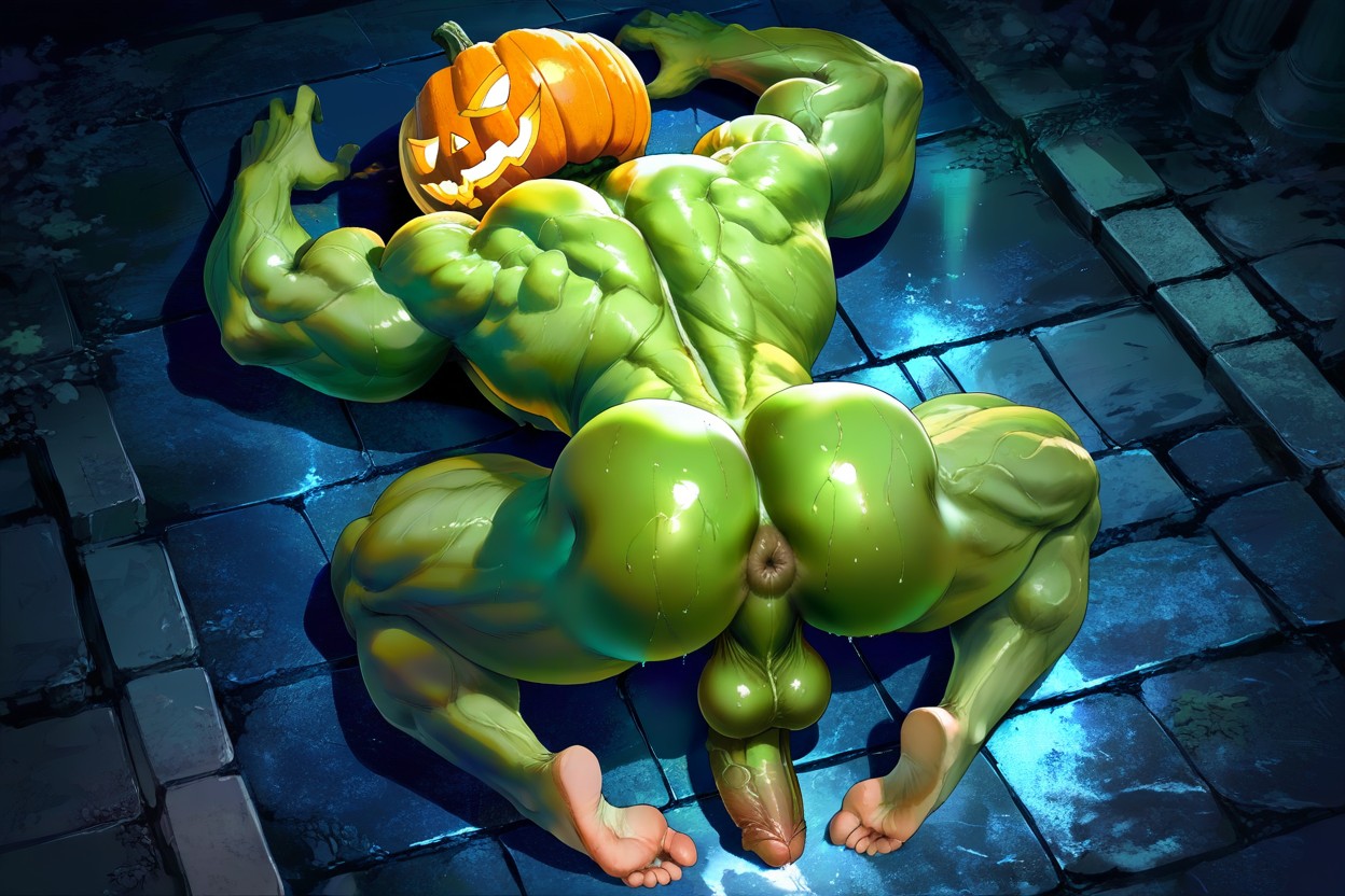 Jack-o'-lantern Head, Thick Muscular Legs, Arms Laying On The Floor AI同性戀黃片