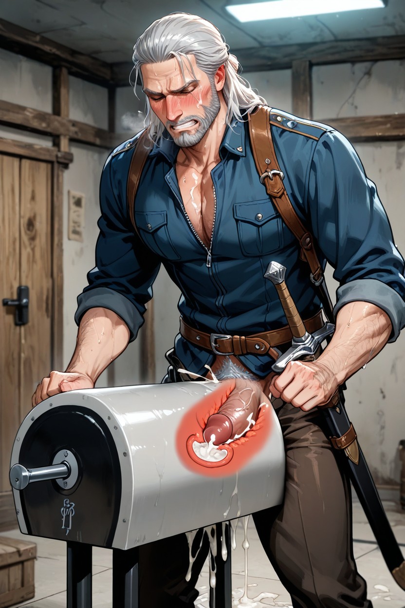 Hands Holding Onto Mount, Pants Fly Unzipped With Cock And Balls Out, X-ray AI Gay Porn