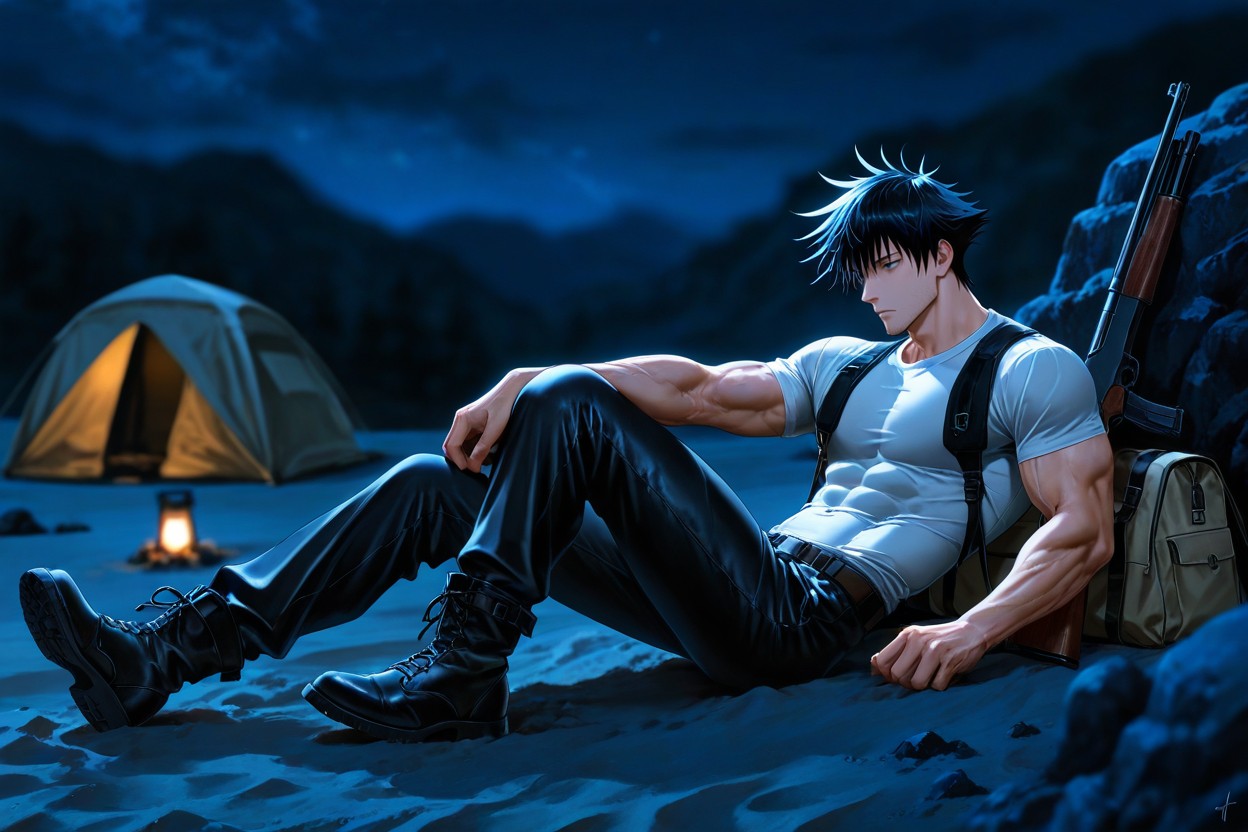 Hunched Back, Tent Pitched On Sand, Night AI Gay Porn