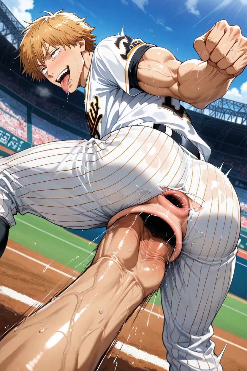 Sticking Out His Busty Booty, Pink Asshole, Baseball Bat Deep Inside Anus AI Gay Porn