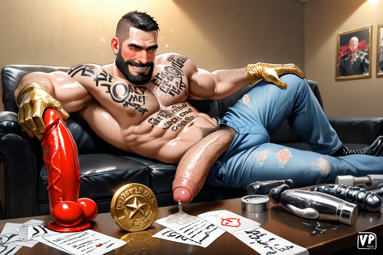 Leather Couch, Mood Lighting, Huge Thick Vibrating Bbc Cock Looks Like Big Gold Lightning Rod AI Gay Porn