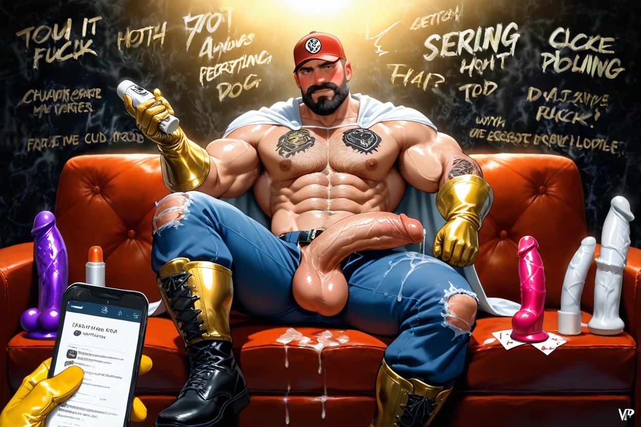 Metallic Gold Gloves, Hairy, Red Letters Fuck AI Gay Porn