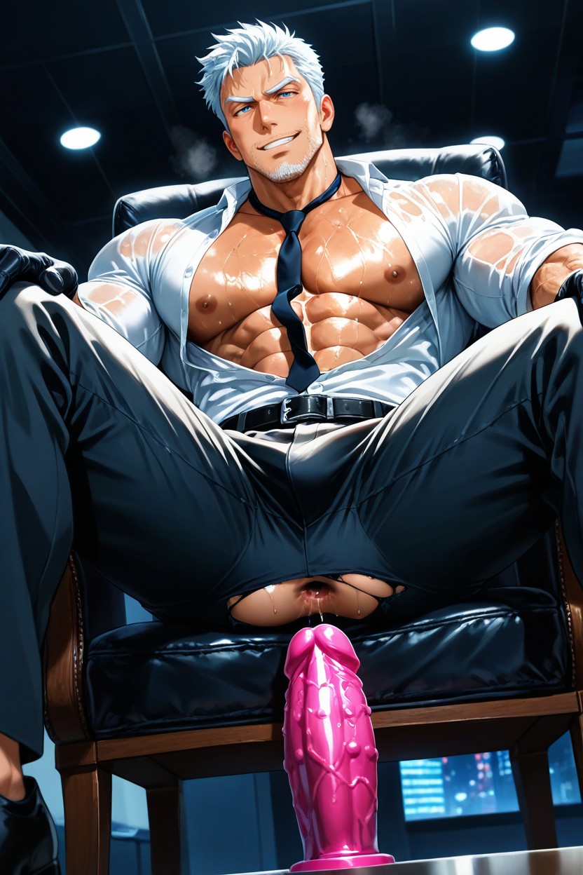 Inside A Dimly Lit Modern Office At Night, Open Clothes, Black Leather Gloves AI Gay Porn