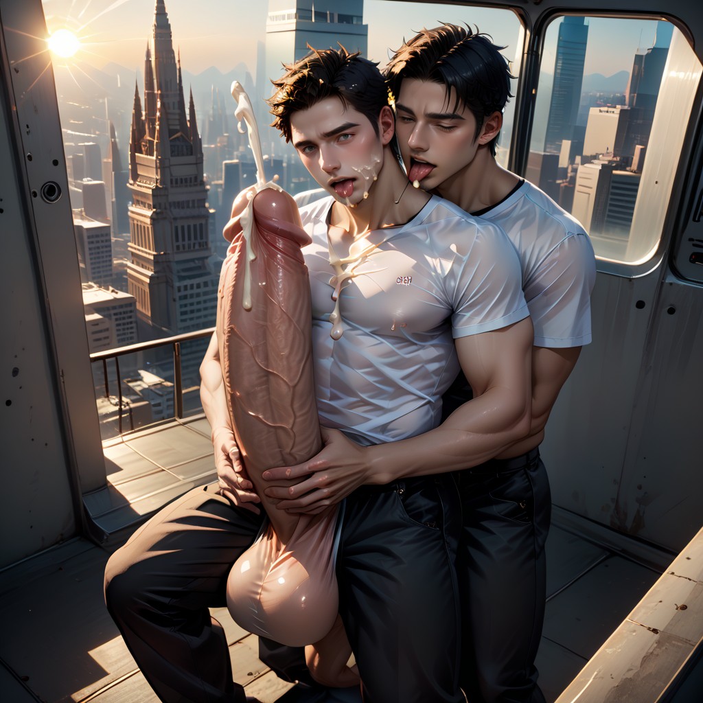 Black Hair, Tongue Out, Licking Cock AI Gay Porn