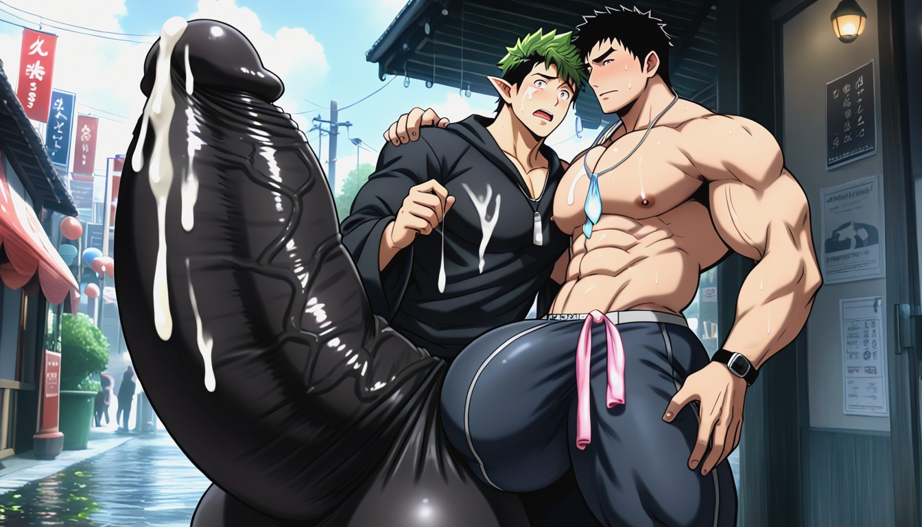 Black Hair, Giant Hyper Pants Bulge, Giant Glans Near Open Mouth AI Gay Porn