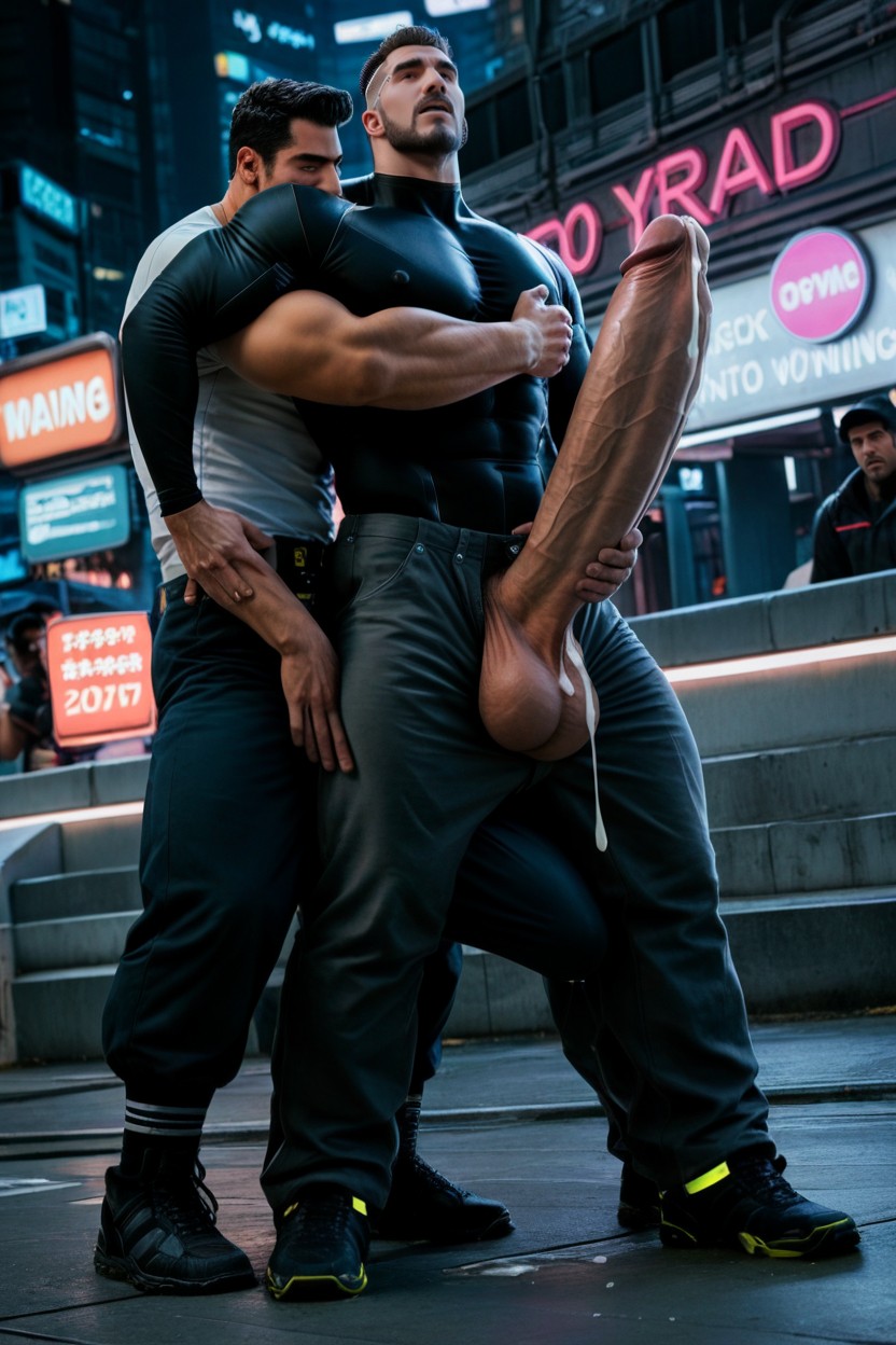 Cock Pressed Against Chest, Framed Photo Of A Man With A Gigantic Uncut Hyper Penis, Japanese AI Gay Porn