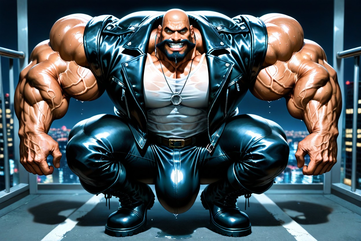 Black Leather Pants, Prominent Chin, Detailed Muscles AI Gay Porn