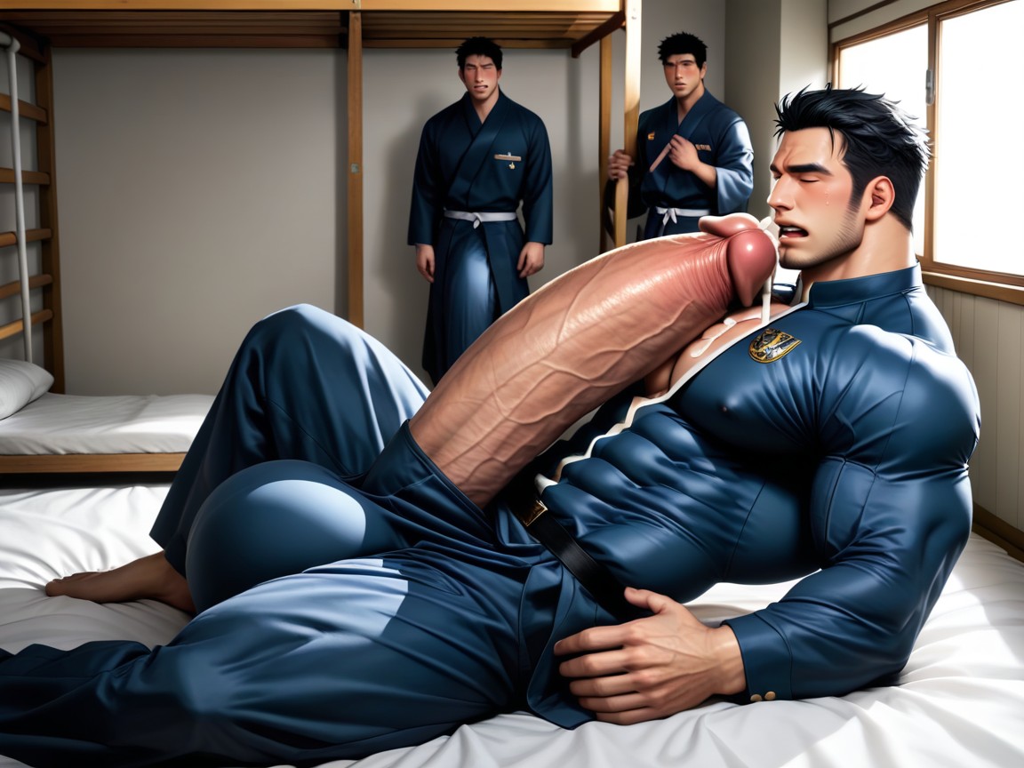 Messy Hair, Oversized Hyper Gigantic Fully Erect Uncut Penis, Penis Base Is Realistically Attached To Crotch AI Gay Porn