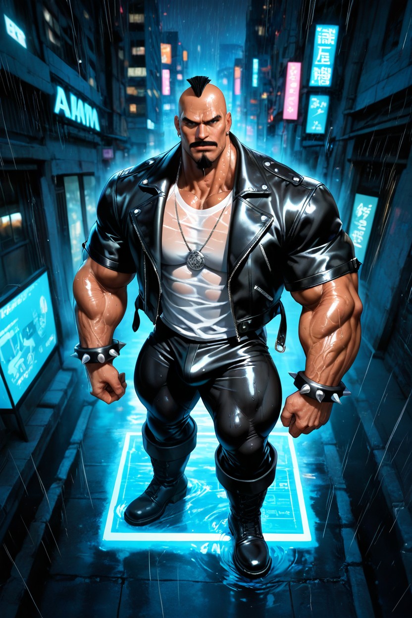 Shaved Body, Huge Muscle Thighs, Black Leather Pants AI Gay Porn