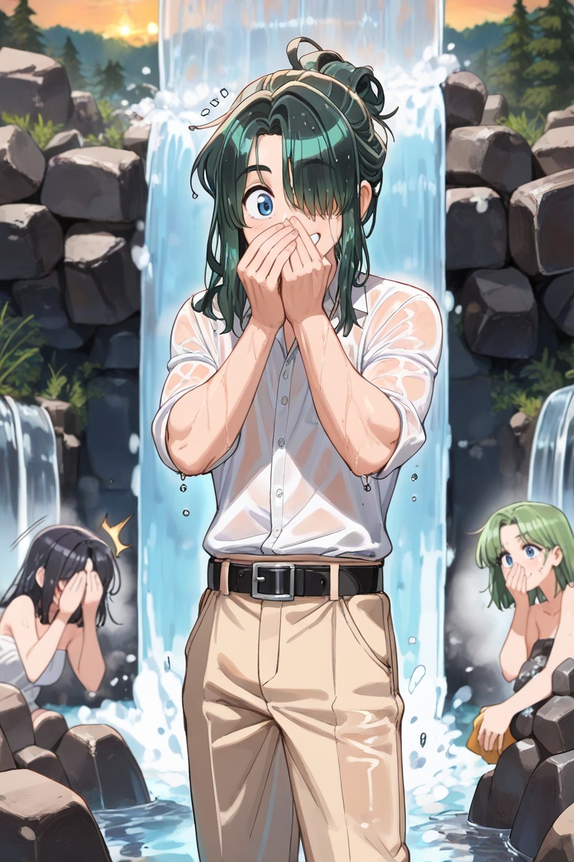 Hands Covering Mouth, With Green Hair, Hair AI Gay Porn