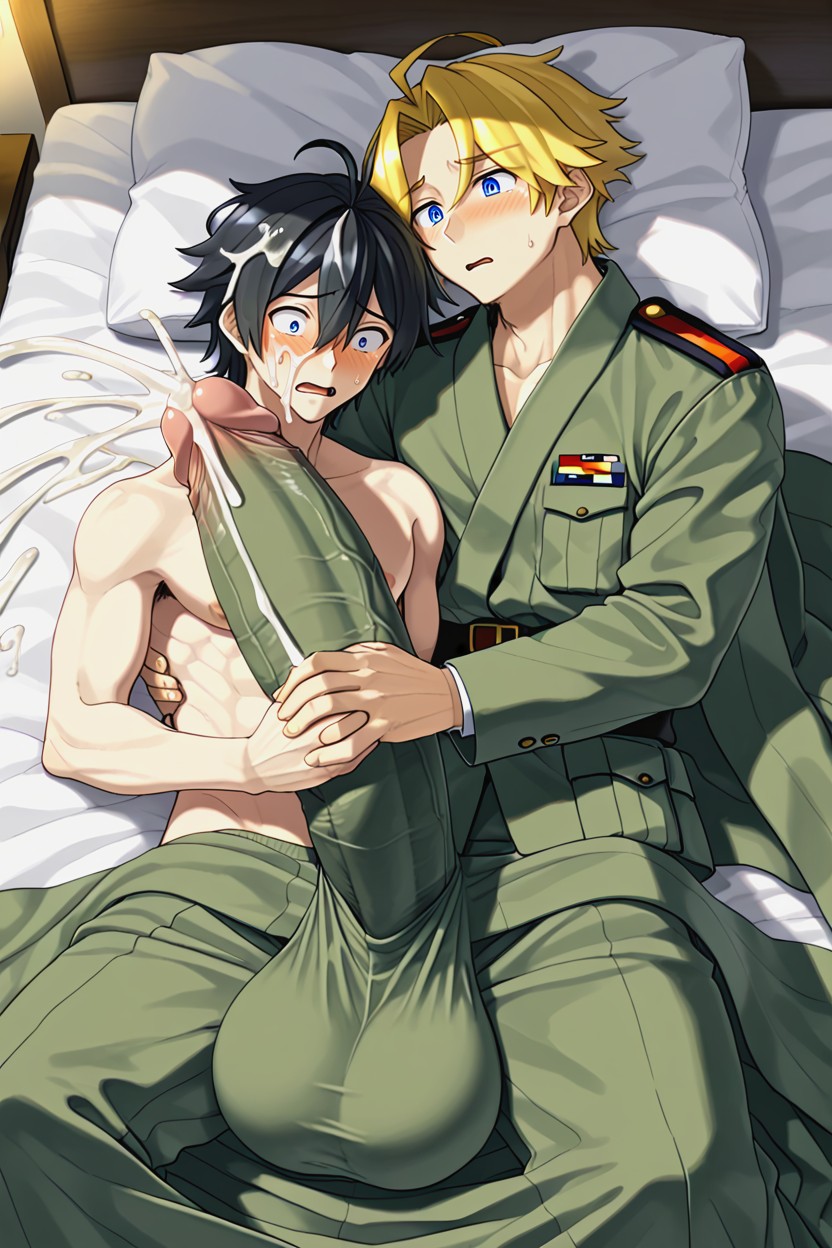 Erect Mega Bulge Visible, Extremely Revealing Clothing, Cuddling AI Gay Porn