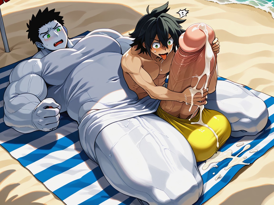 Japan, Clear Lines, Laying On Beach Towel AI Gay Porn