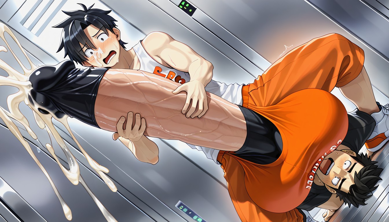 Hyper Excess Cum, Cramped Crowded Space, Bodies Close Together In Elevator AI Gay Porn