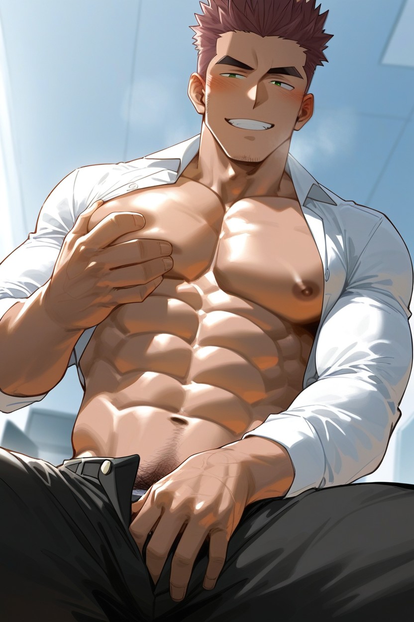 ’ Feet Tall, Ojos Verdes, Dark Green Eyes Stocky Build Porno gay IA