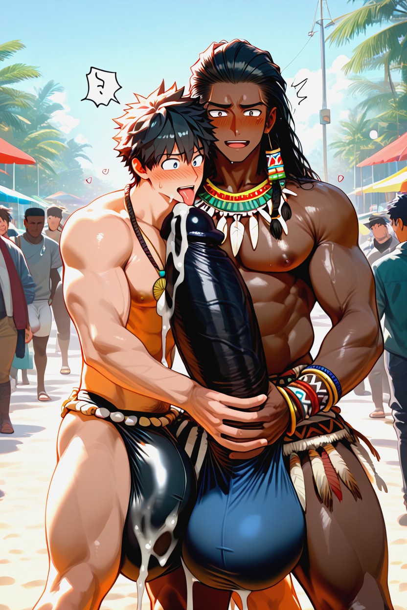 Out In Public, Orgasm Face, Giant Glans Near Open Mouth AI Gay Porn