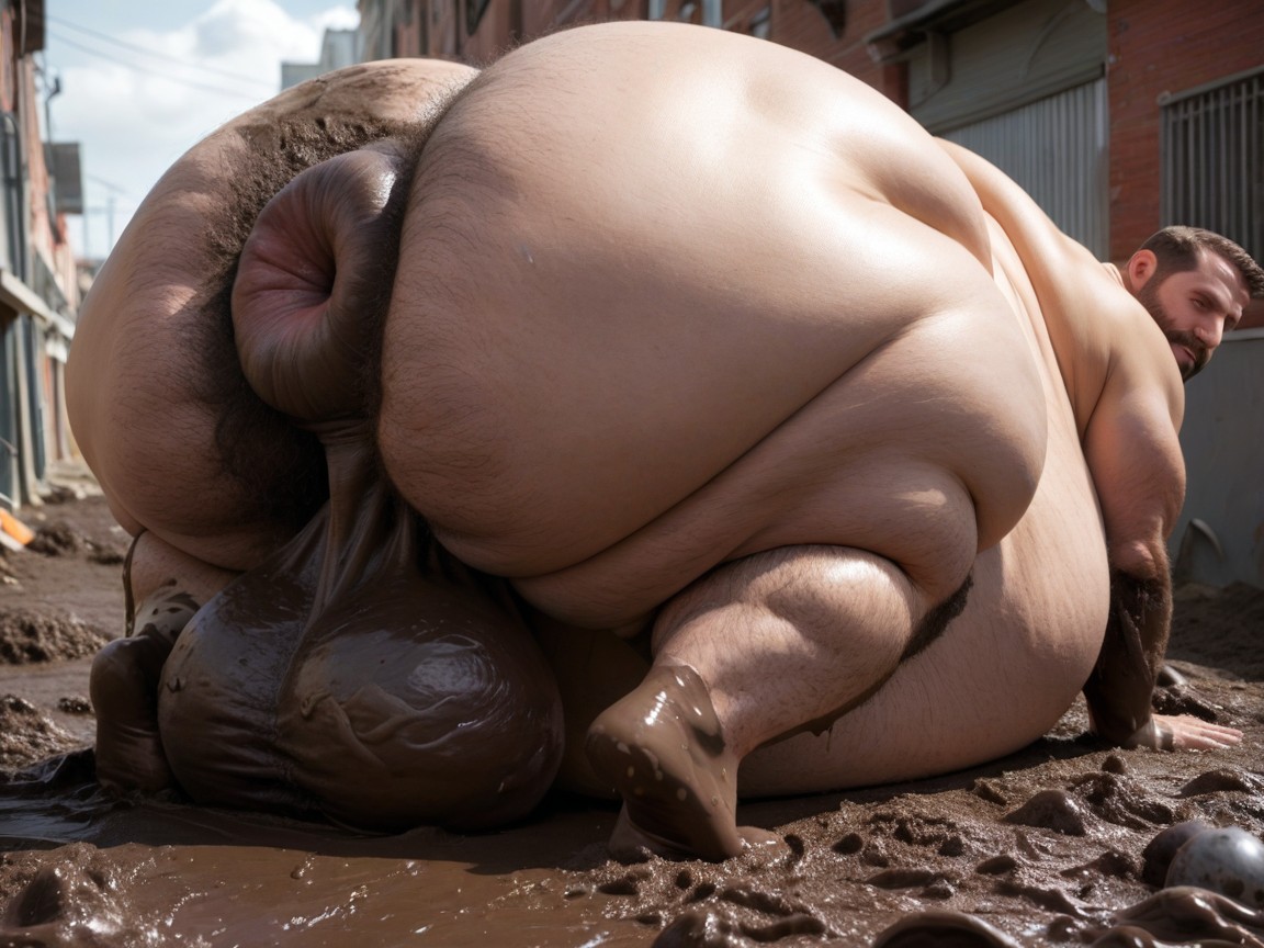 Alley, Hyper Oversized Hairy Balls, Hyper Obese AI Gay Porn