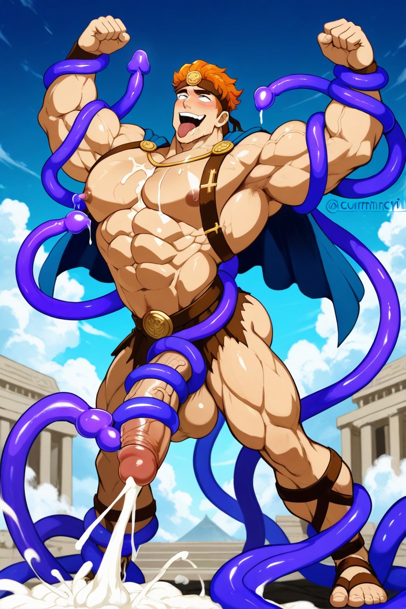 Arms Up, Excessive Cum, Medium-lenght Light Blue Cape AI Gay Porn