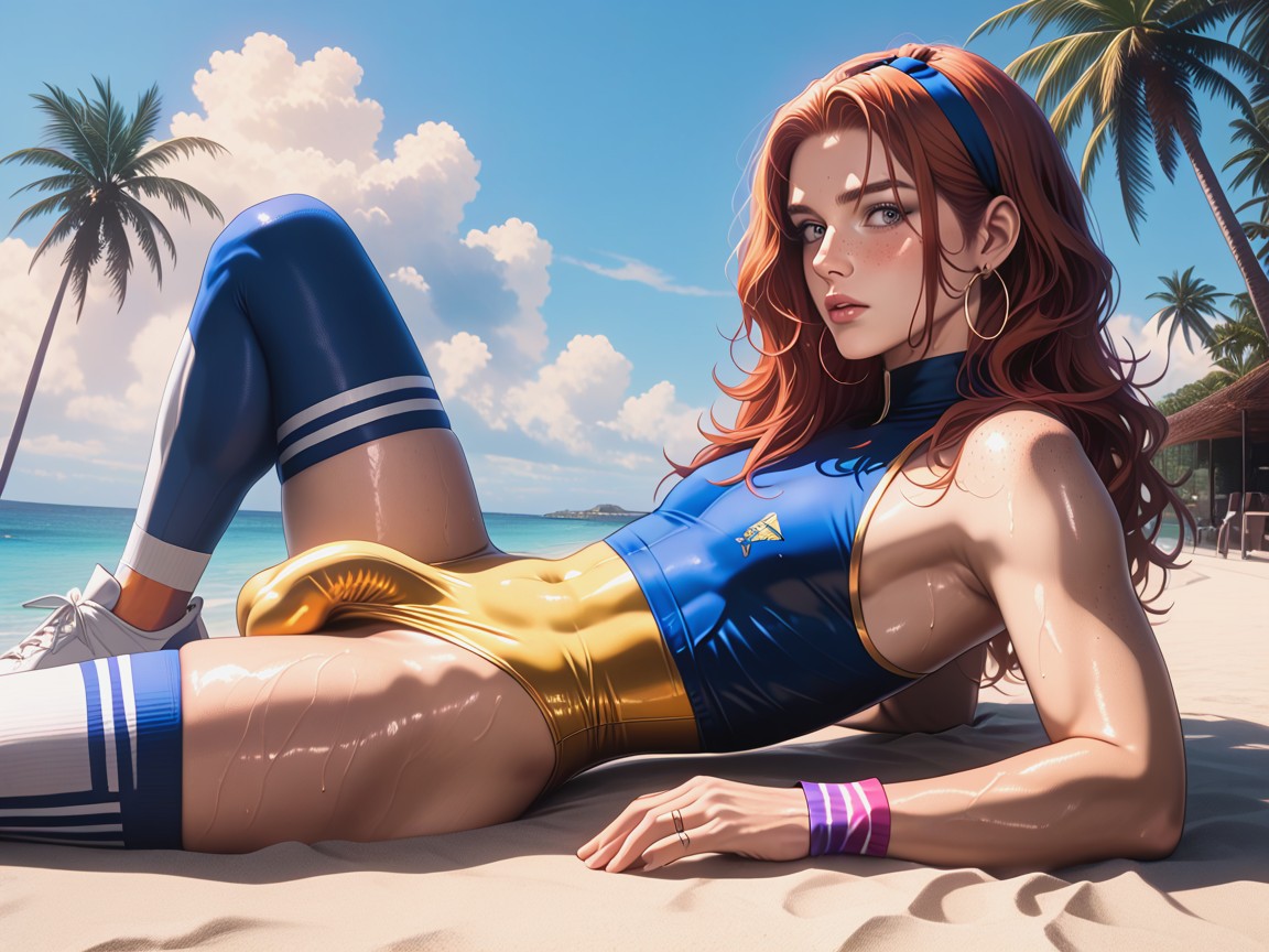 Palm Trees, Tight Brightly Colored Leotard, Ultra Pale Skin ゲイAIエロ