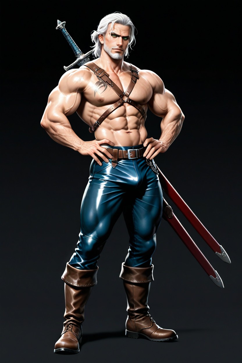 Simple Background, Leather Harness, Sword Scabbard On Back ゲイAIポルノ