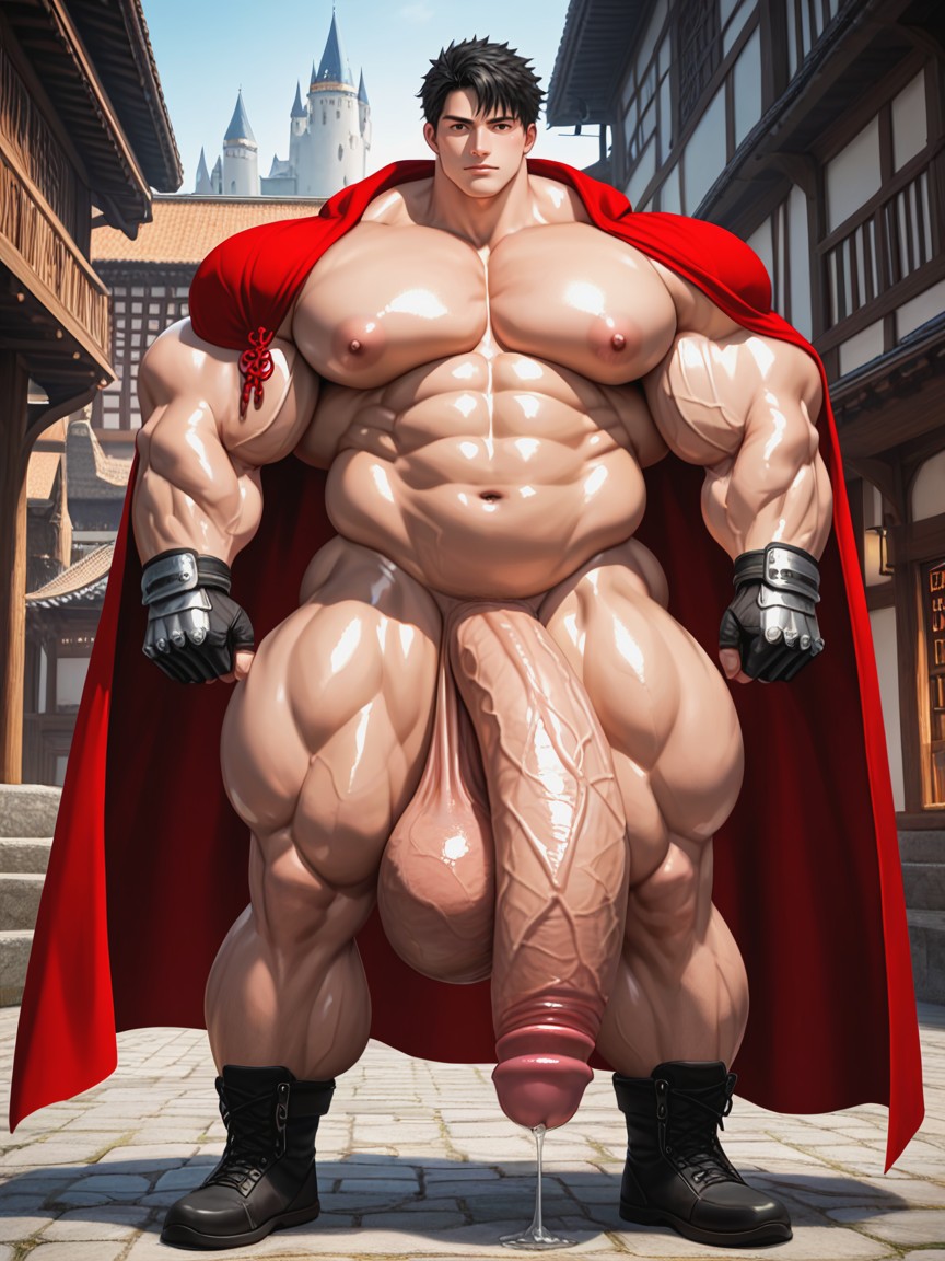 Bulky Muscular Fat Body, Black Hair With Red Highlights, Oiled Skin ゲイAIポルノ